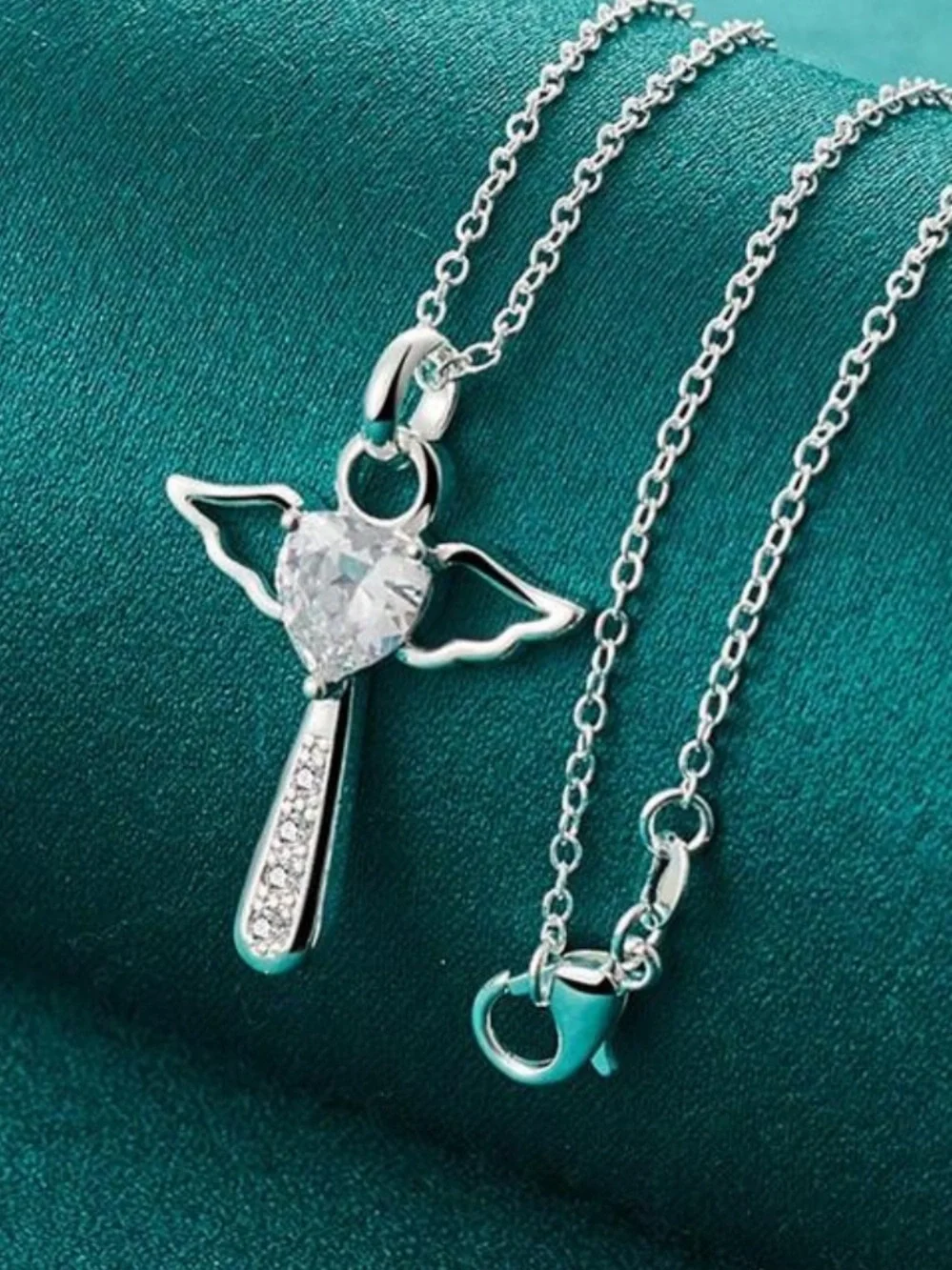 925‎ Sterling Silver Plated Necklace Angel Crystal Cross with 50 cm chain